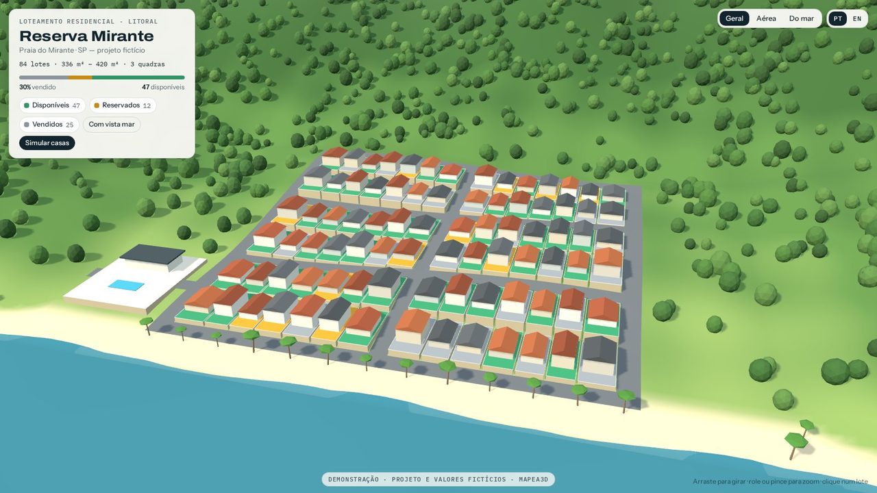 Mapa 3D de um loteamento fictício com casas simuladas